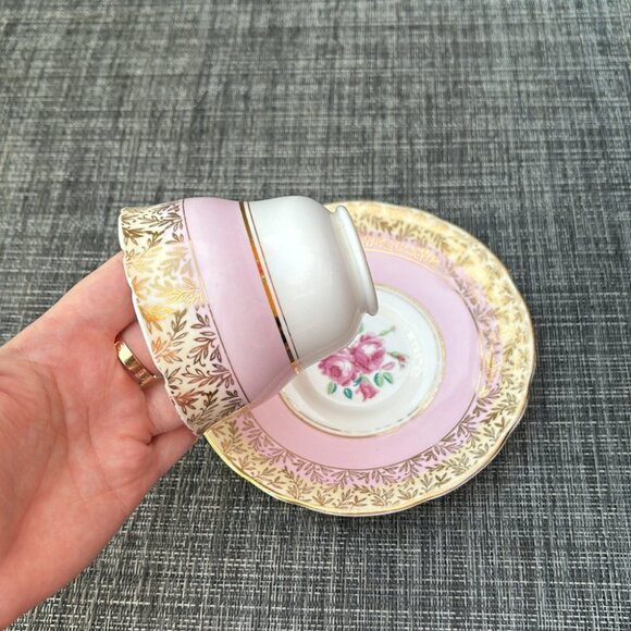 Royal Stafford Pink Tea Cup and Saucer, Pink Rose Gold Chintz Teacup and Saucer - Picture 9 of 10